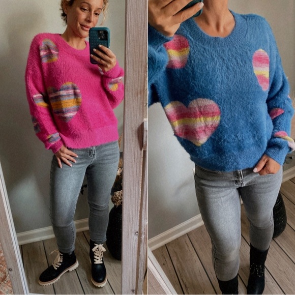 Just In// Fuzzy Heart Rainbow Magenta Semi Crop Sweater - Picture 14 of 15